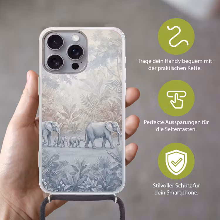 Olifant - Familie - Jungle - Illustratie - Grijs Hoesje iPhone 16 Pro Max met koord klein -sfeer2_DE