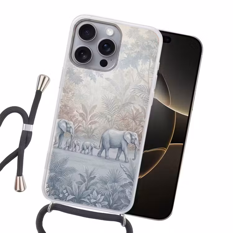 Olifant - Familie - Jungle - Illustratie - Grijs Hoesje iPhone 16 Pro Max met koord klein -sfeer1