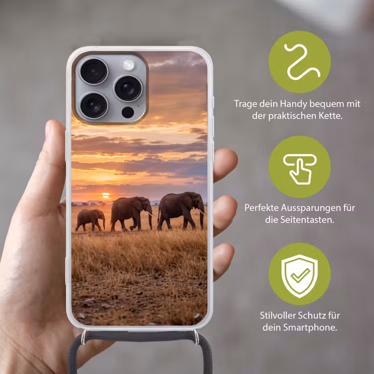 Olifanten - Savanne - Zonsondergang - Afrika - Warm Hoesje iPhone 16 Pro Max met koord klein -sfeer2_DE