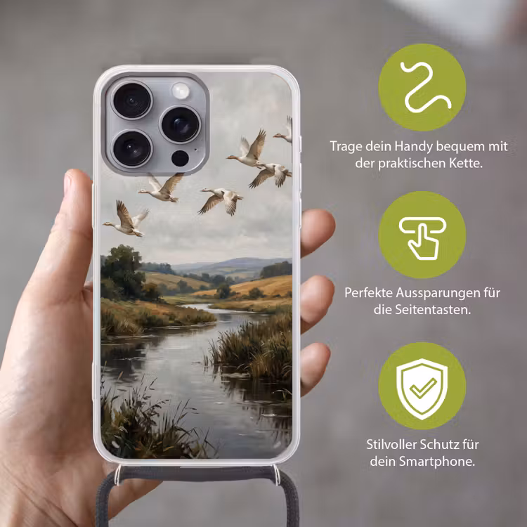 Eenden - Rivier - Landschap - Vlucht - Nostalgisch Hoesje iPhone 16 Pro Max met koord klein -sfeer2_DE