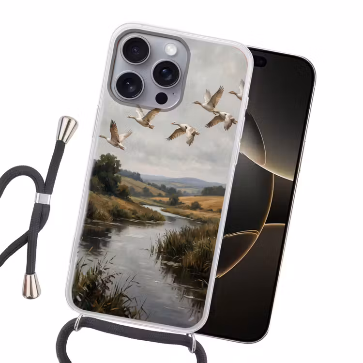Eenden - Rivier - Landschap - Vlucht - Nostalgisch Hoesje iPhone 16 Pro Max met koord klein -sfeer1