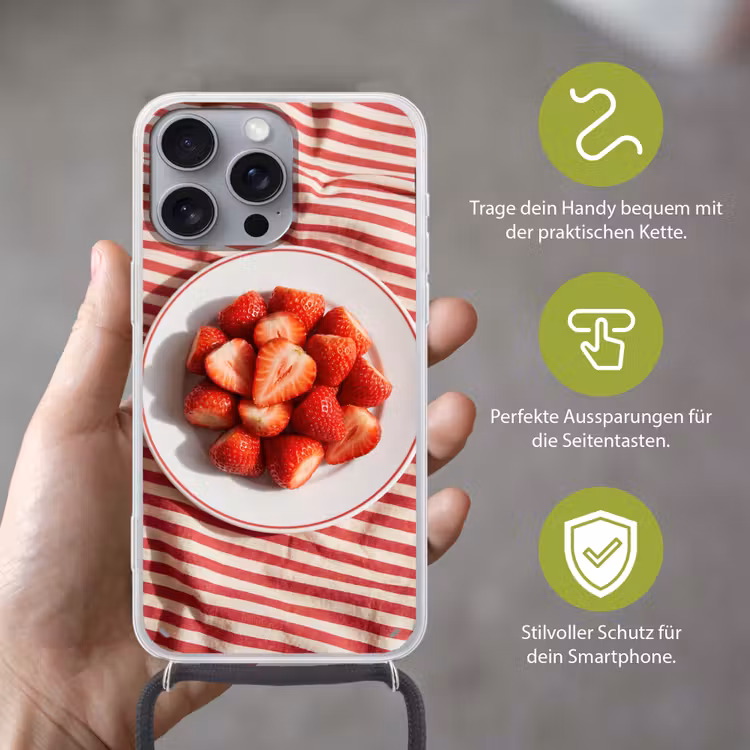 Eten - Aardbeien - Fruit - Zomer - Rood Hoesje iPhone 16 Pro Max met koord klein -sfeer2_DE