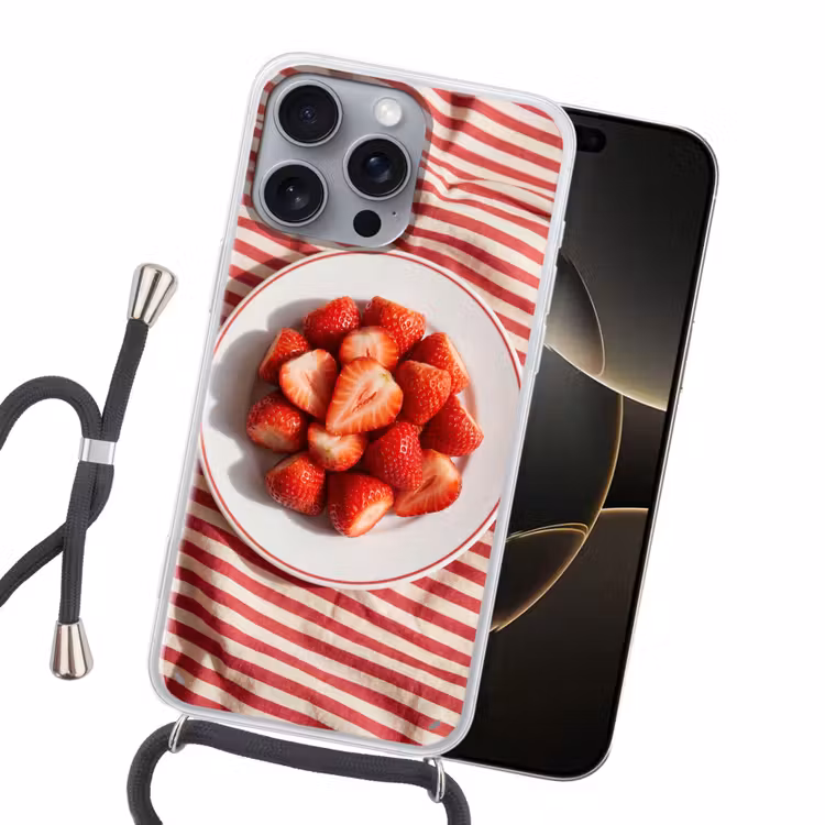 Eten - Aardbeien - Fruit - Zomer - Rood Hoesje iPhone 16 Pro Max met koord klein -sfeer1
