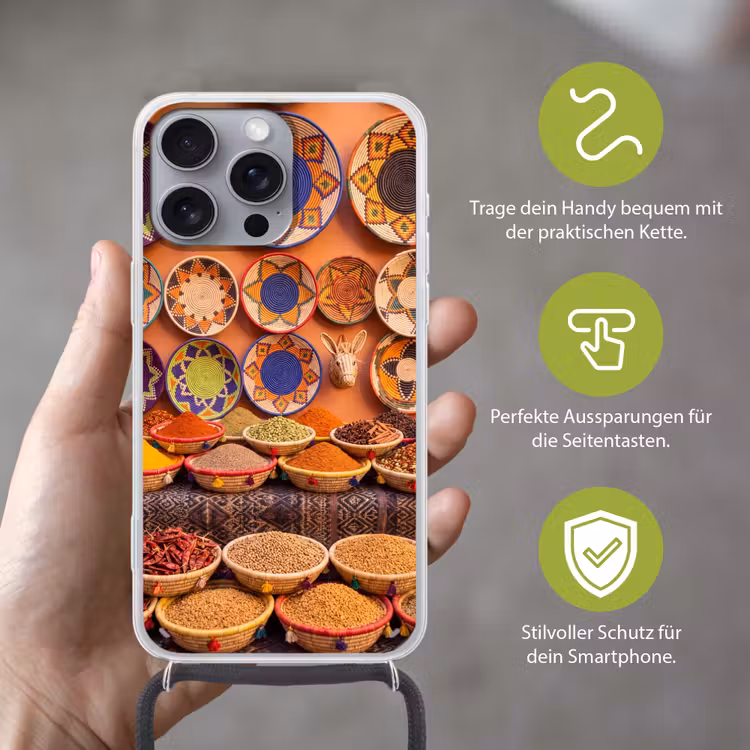 Handyhülle mit Band - Essen – Farbenfroh – Kultur - Eten - Kleurrijk - Cultuur Hoesje iPhone 16 Pro Max met koord klein