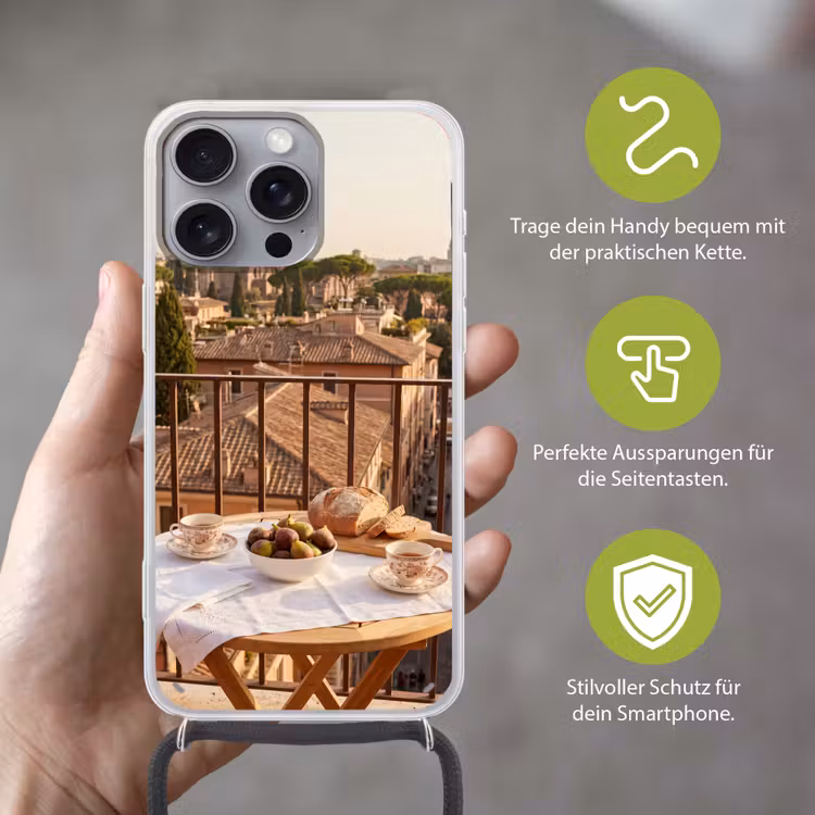 Eten - Ontbijt - Balkon - Stad - Zonsopgang Hoesje iPhone 16 Pro Max met koord klein -sfeer2_DE