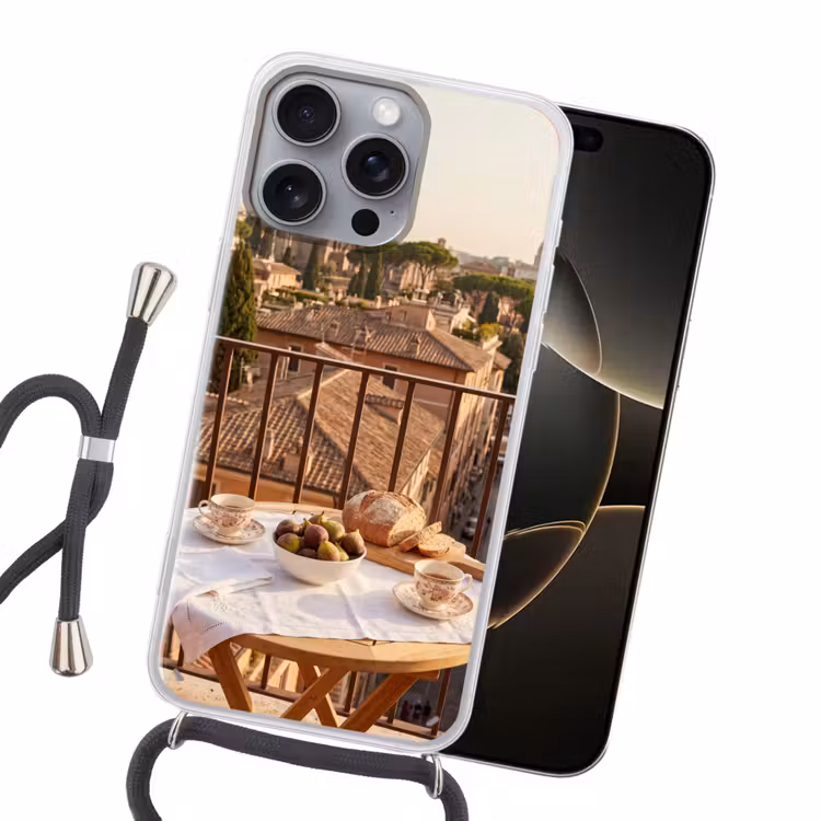 Eten - Ontbijt - Balkon - Stad - Zonsopgang Hoesje iPhone 16 Pro Max met koord klein -sfeer1
