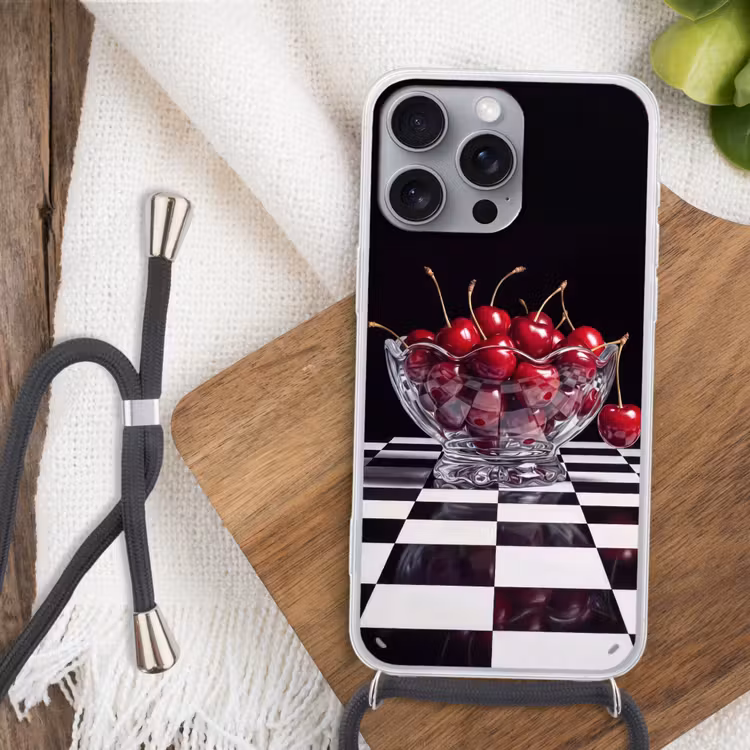 Handyhülle mit Band - Essen – Kirschen – Rot - Eten - Kersen - Rood Hoesje iPhone 16 Pro Max met koord klein