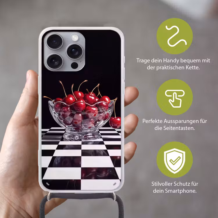Handyhülle mit Band - Essen – Kirschen – Rot - Eten - Kersen - Rood Hoesje iPhone 16 Pro Max met koord klein