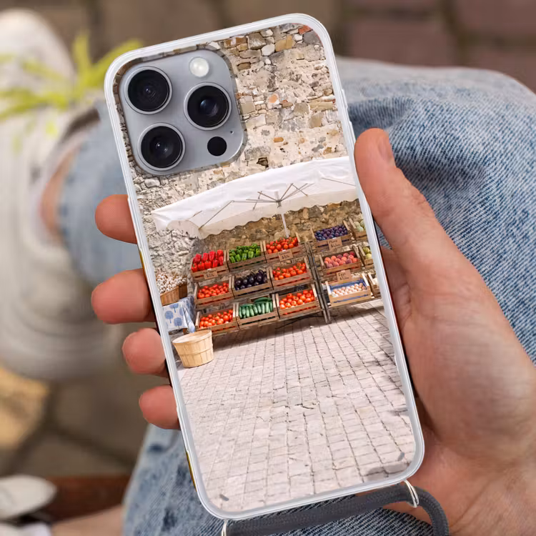 Handyhülle mit Band - Essen – Markt – Frisch - Eten - Markt - Vers Hoesje iPhone 16 Pro Max met koord klein