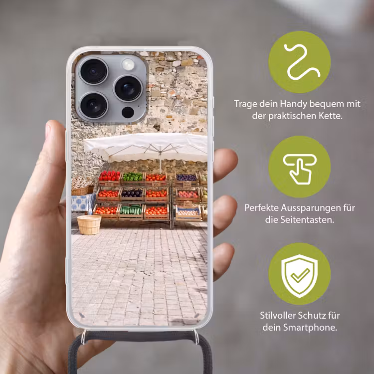 Handyhülle mit Band - Essen – Markt – Frisch - Eten - Markt - Vers Hoesje iPhone 16 Pro Max met koord klein