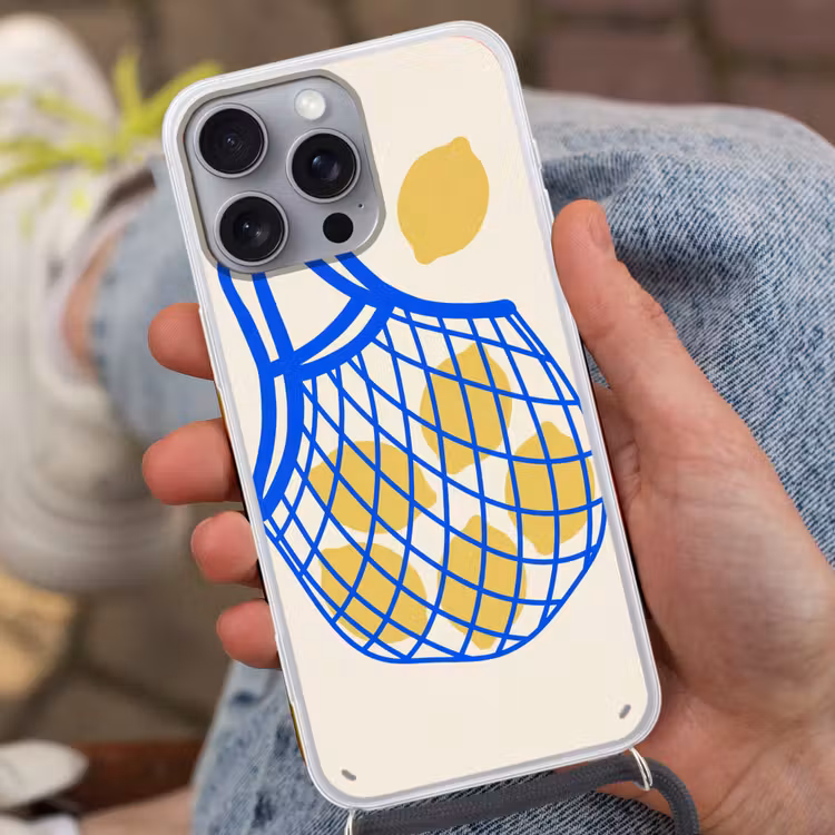 Eten - Citroen - Boodschappen - Abstract - Geel - Blauw Hoesje iPhone 16 Pro Max met koord klein -sfeer3