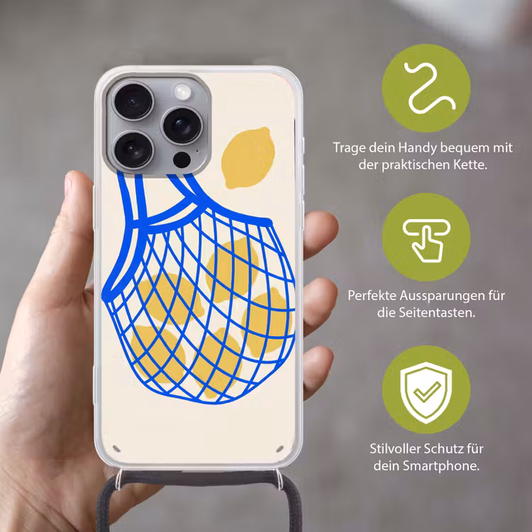 Eten - Citroen - Boodschappen - Abstract - Geel - Blauw Hoesje iPhone 16 Pro Max met koord klein -sfeer2_DE