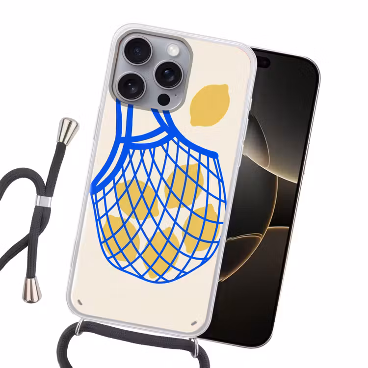 Eten - Citroen - Boodschappen - Abstract - Geel - Blauw Hoesje iPhone 16 Pro Max met koord klein -sfeer1