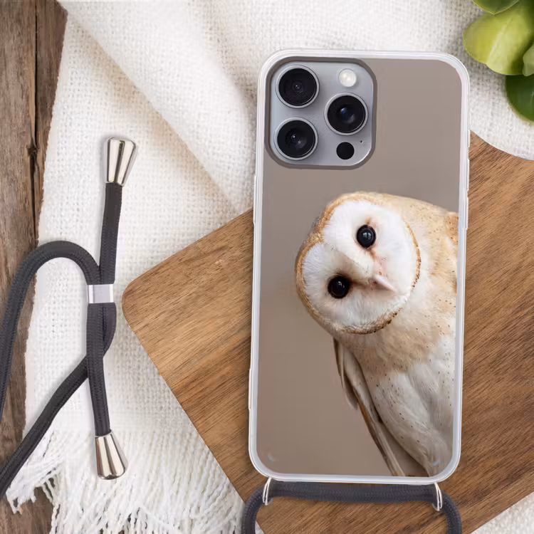 Uil - Bruin - Wit Hoesje iPhone 16 Pro Max met koord klein -sfeer4