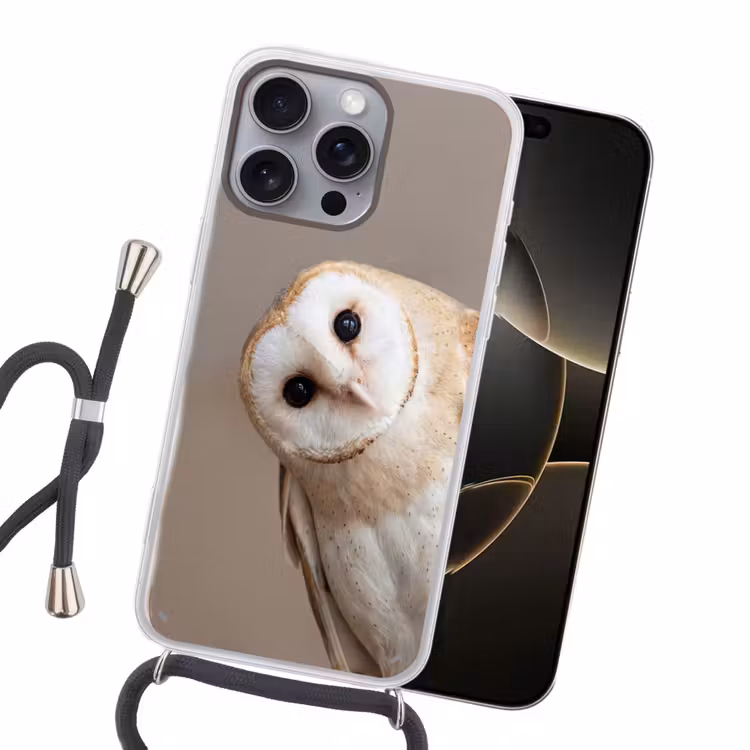 Uil - Bruin - Wit Hoesje iPhone 16 Pro Max met koord klein -sfeer1
