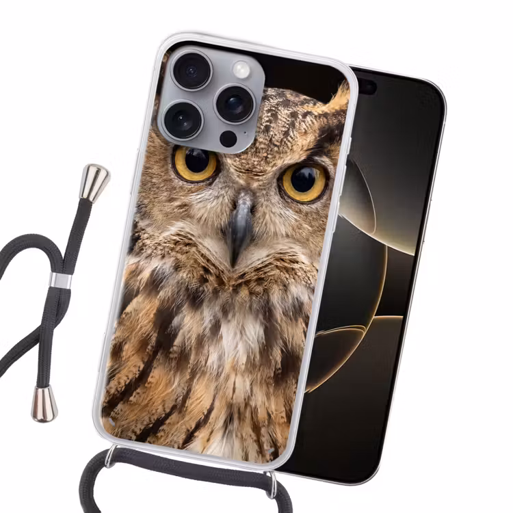 Oehoe - Uil - Portret - Bruin Hoesje iPhone 16 Pro Max met koord klein -sfeer1