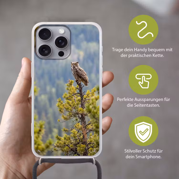 Uil - Oehoe - Bomen - Natuur Hoesje iPhone 16 Pro Max met koord klein -sfeer2_DE