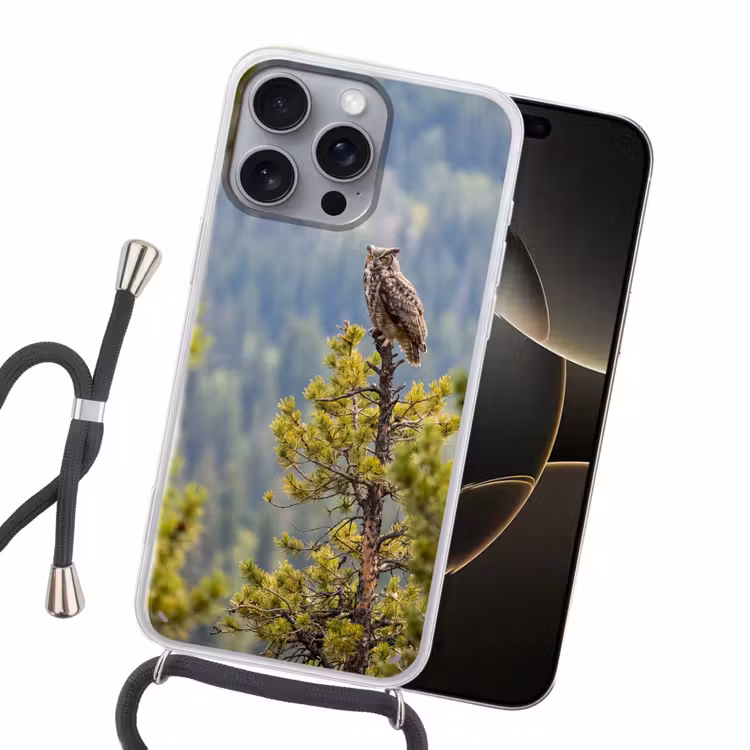 Uil - Oehoe - Bomen - Natuur Hoesje iPhone 16 Pro Max met koord klein -sfeer1