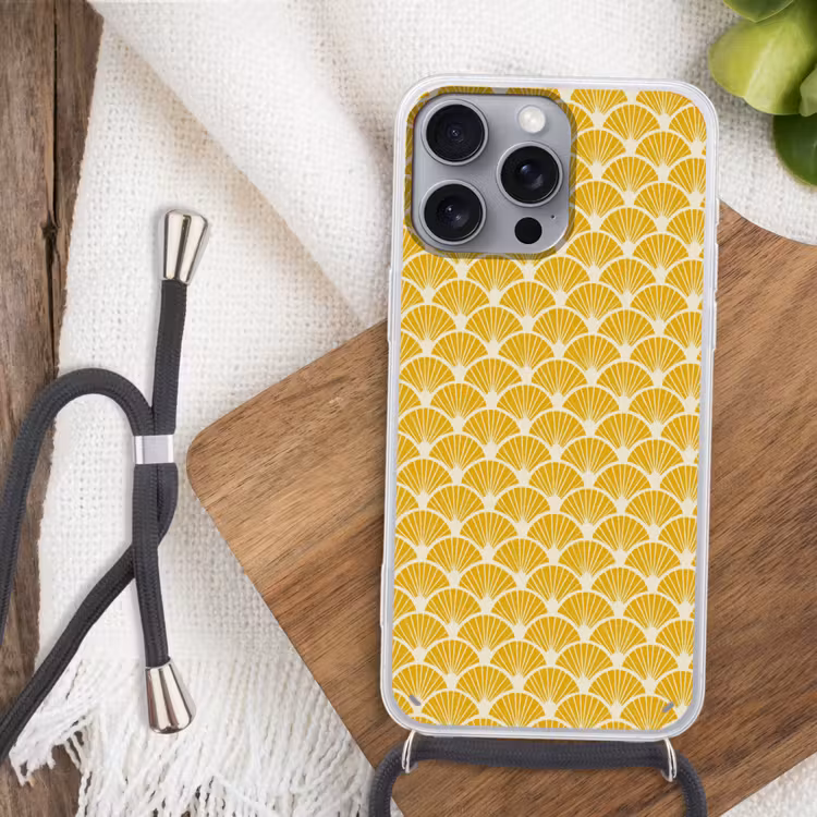 Waaiers - Art Deco - Retro - Okergeel Hoesje iPhone 16 Pro Max met koord klein 804 -sfeer4