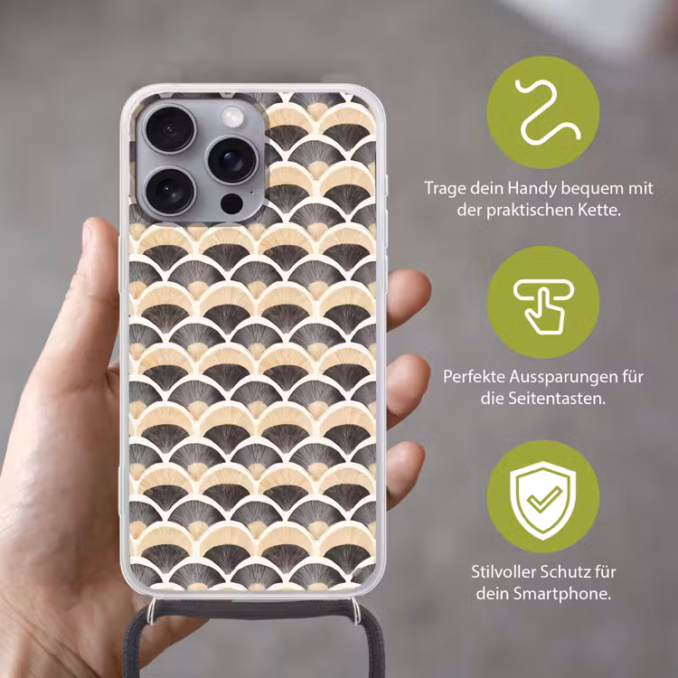 Waaier - Patroon - Zwart - Beige Hoesje iPhone 16 Pro Max met koord klein 804 -sfeer2_DE