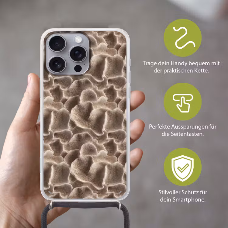 Waaiervorm - Beige - Vezel textuur Hoesje iPhone 16 Pro Max met koord klein 804 -sfeer2_DE