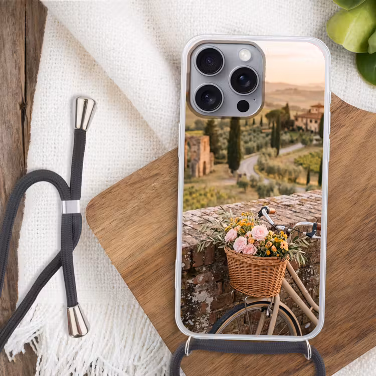Fiets - Bloemen - Toscane - Landschap - Roze Hoesje iPhone 16 Pro Max met koord klein -sfeer4
