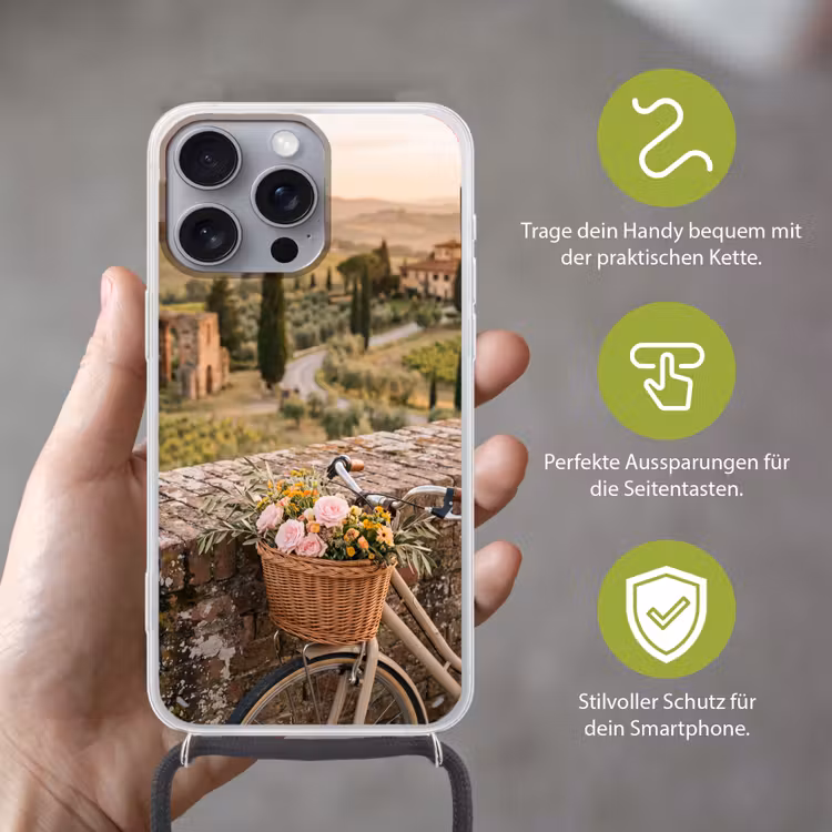 Fiets - Bloemen - Toscane - Landschap - Roze Hoesje iPhone 16 Pro Max met koord klein -sfeer2_DE
