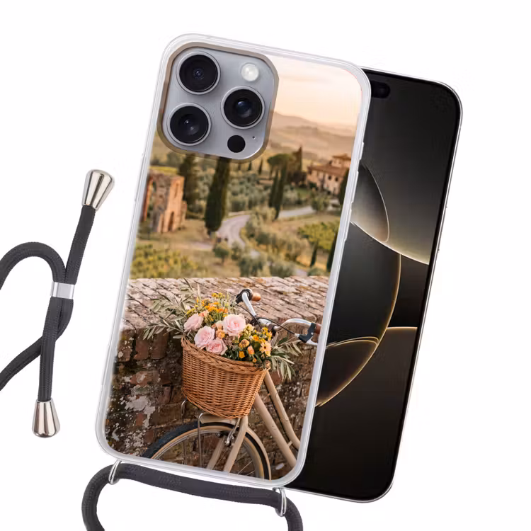 Fiets - Bloemen - Toscane - Landschap - Roze Hoesje iPhone 16 Pro Max met koord klein -sfeer1