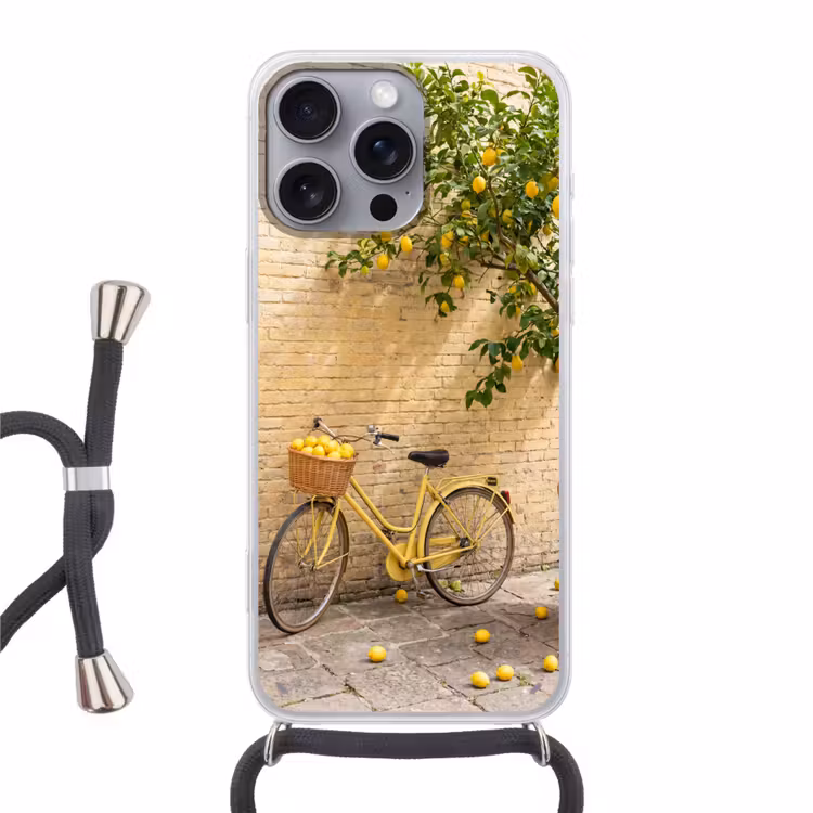 Fiets - Mand - Eten - Geel - Zomer Hoesje iPhone 16 Pro Max met koord klein -3d