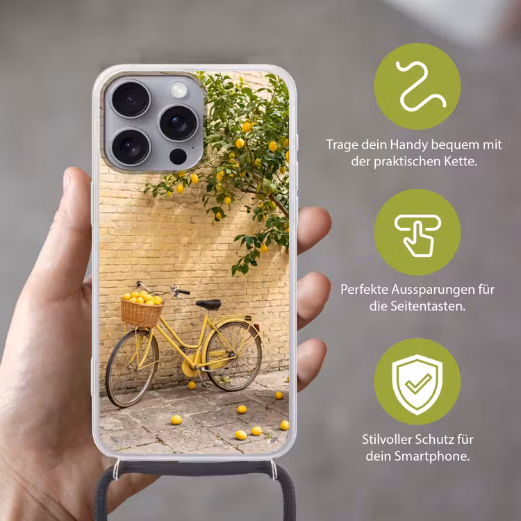Fiets - Mand - Eten - Geel - Zomer Hoesje iPhone 16 Pro Max met koord klein -sfeer2_DE