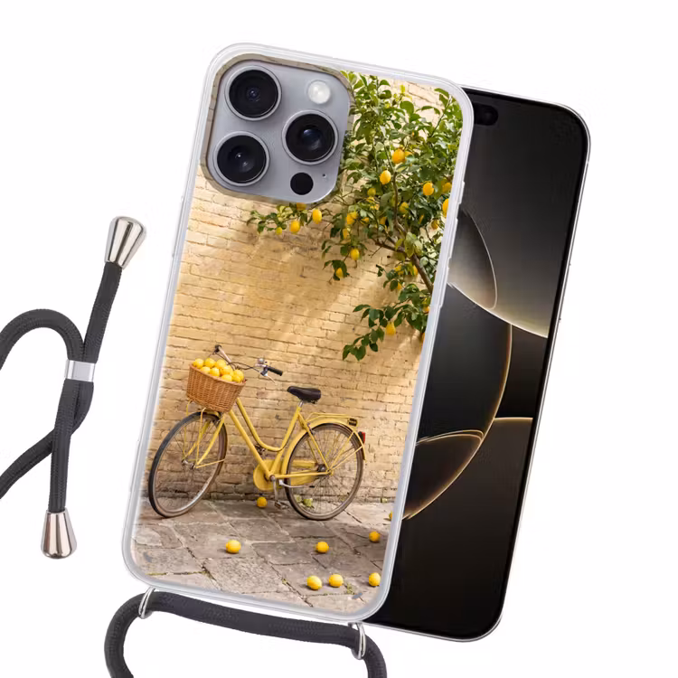 Fiets - Mand - Eten - Geel - Zomer Hoesje iPhone 16 Pro Max met koord klein -sfeer1