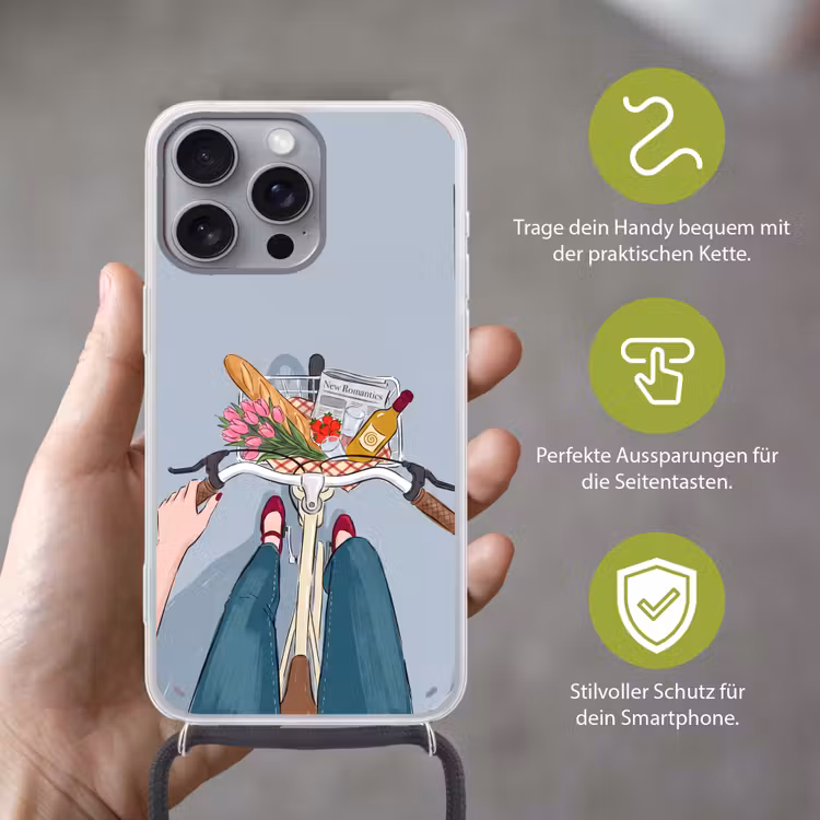 Fiets - Picknick - Zomer - Illustratie Hoesje iPhone 16 Pro Max met koord klein -sfeer2_DE