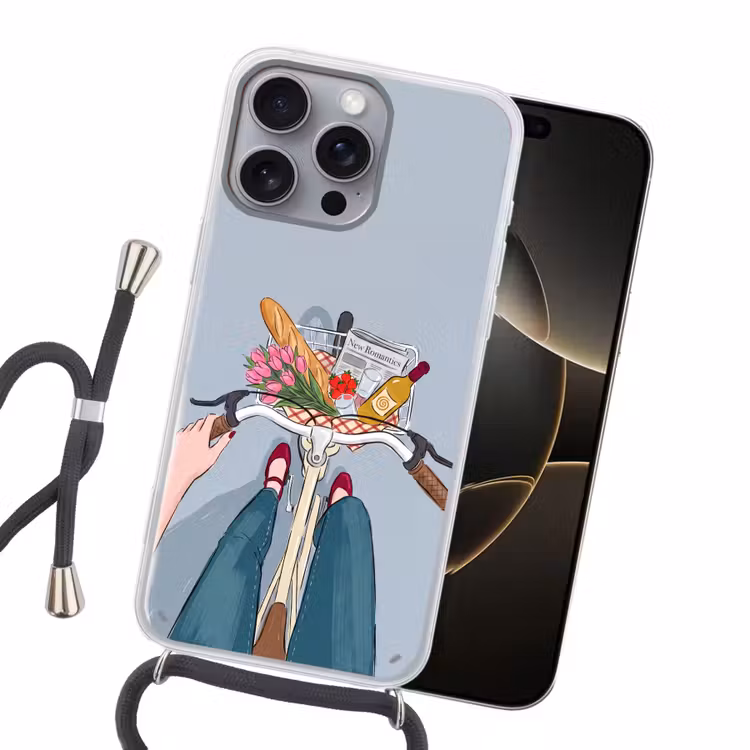 Fiets - Picknick - Zomer - Illustratie Hoesje iPhone 16 Pro Max met koord klein -sfeer1