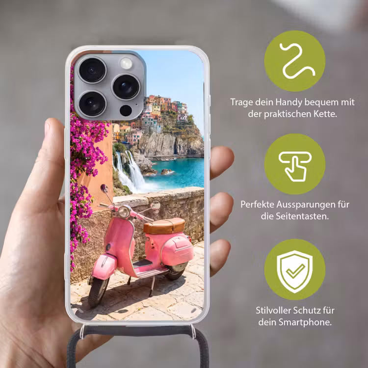 Voertuig - Roze - Kust - Zomer - Reizen Hoesje iPhone 16 Pro Max met koord klein -sfeer2_DE