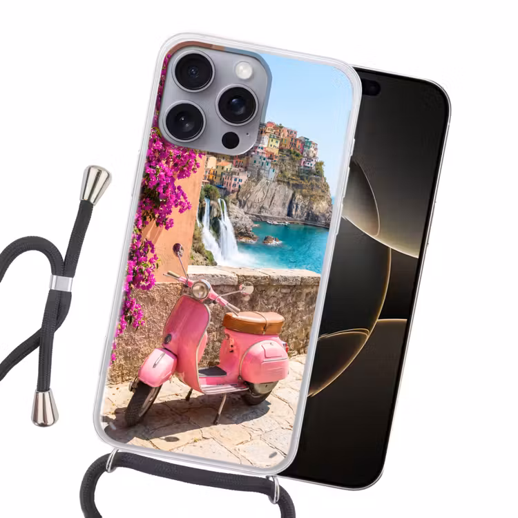Voertuig - Roze - Kust - Zomer - Reizen Hoesje iPhone 16 Pro Max met koord klein -sfeer1