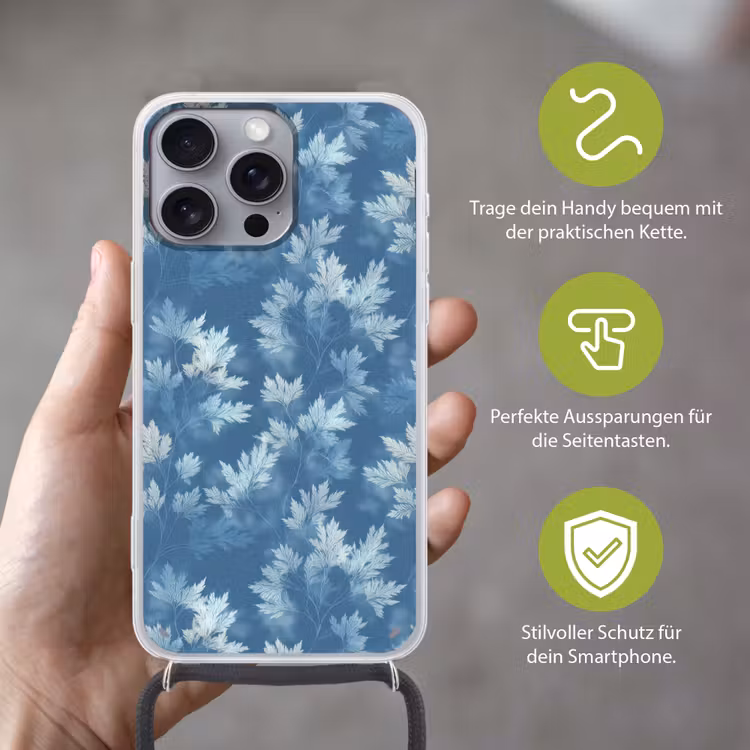 Varen - Botanisch - Patroon - Grijsblauw Hoesje iPhone 16 Pro Max met koord klein 804 -sfeer2_DE