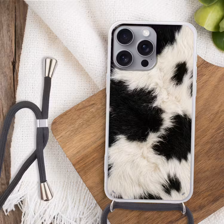 Bont - Textuur - Zwart - Wit Hoesje iPhone 16 Pro Max met koord klein -sfeer4