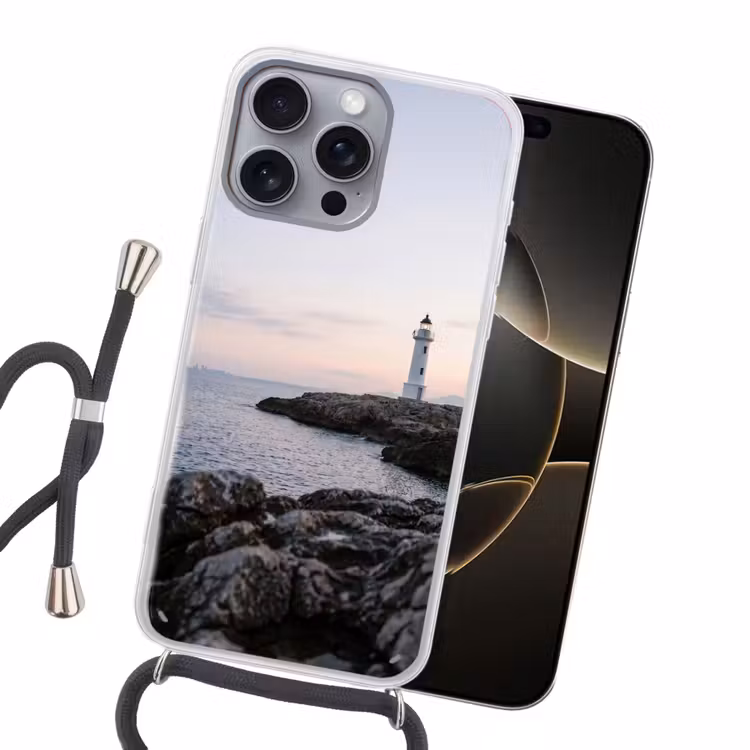 Rotsen - Vuurtoren - Wit Hoesje iPhone 16 Pro Max met koord klein -sfeer1