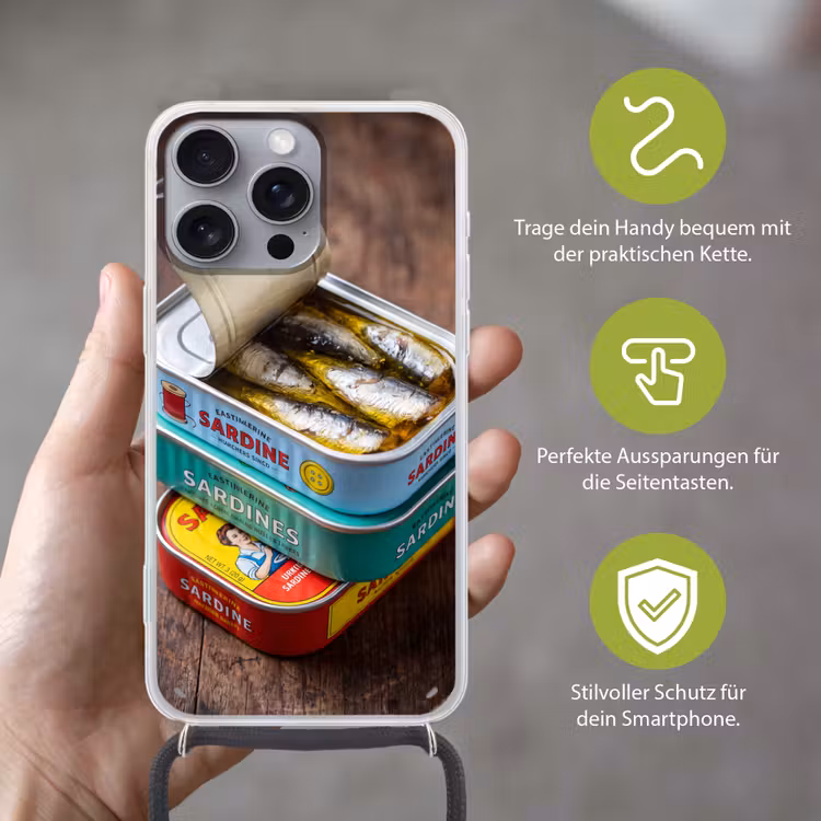 Handyhülle mit Band - Fisch – Dosen – Küche - Vis - Blikjes - Keuken Hoesje iPhone 16 Pro Max met koord klein