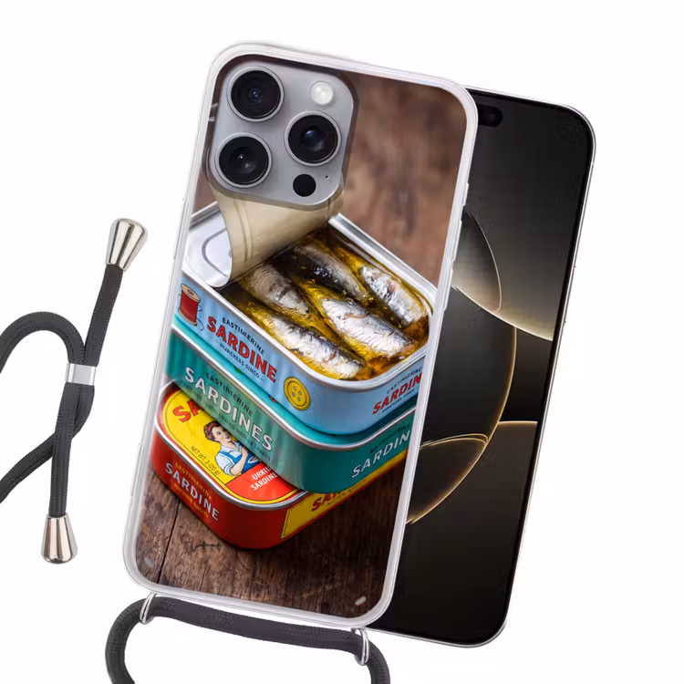 Handyhülle mit Band - Fisch – Dosen – Küche - Vis - Blikjes - Keuken Hoesje iPhone 16 Pro Max met koord klein