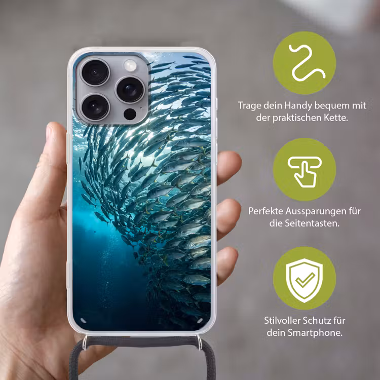 Vis - School - Oceaan - Natuur - Blauw Hoesje iPhone 16 Pro Max met koord klein -sfeer2_DE