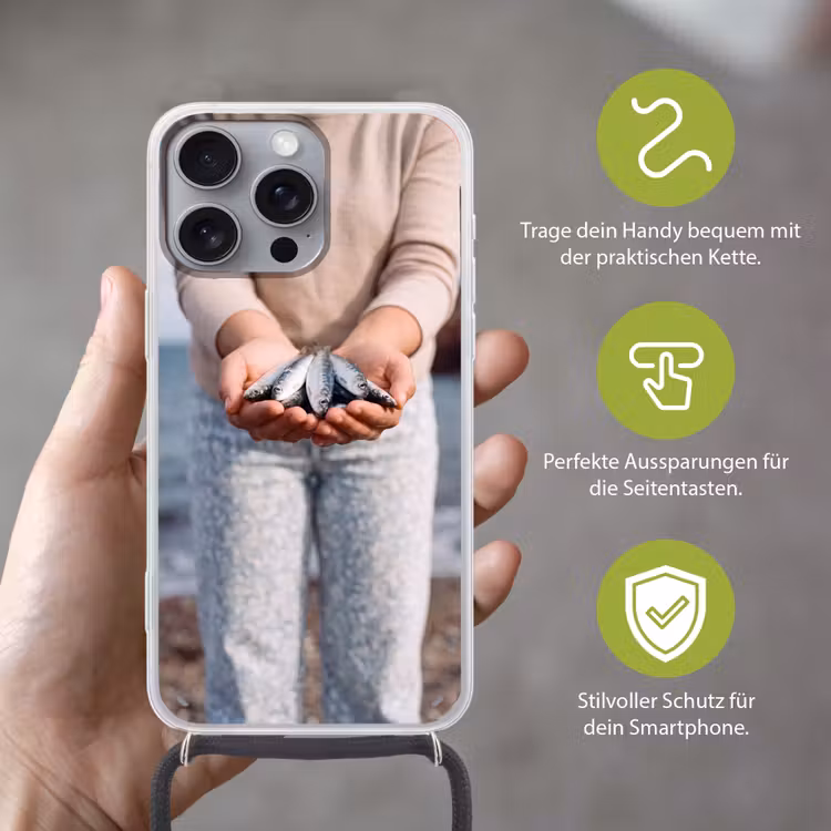 Handyhülle mit Band - Fisch – Hände – Natur - Vis - Handen - Natuur Hoesje iPhone 16 Pro Max met koord klein