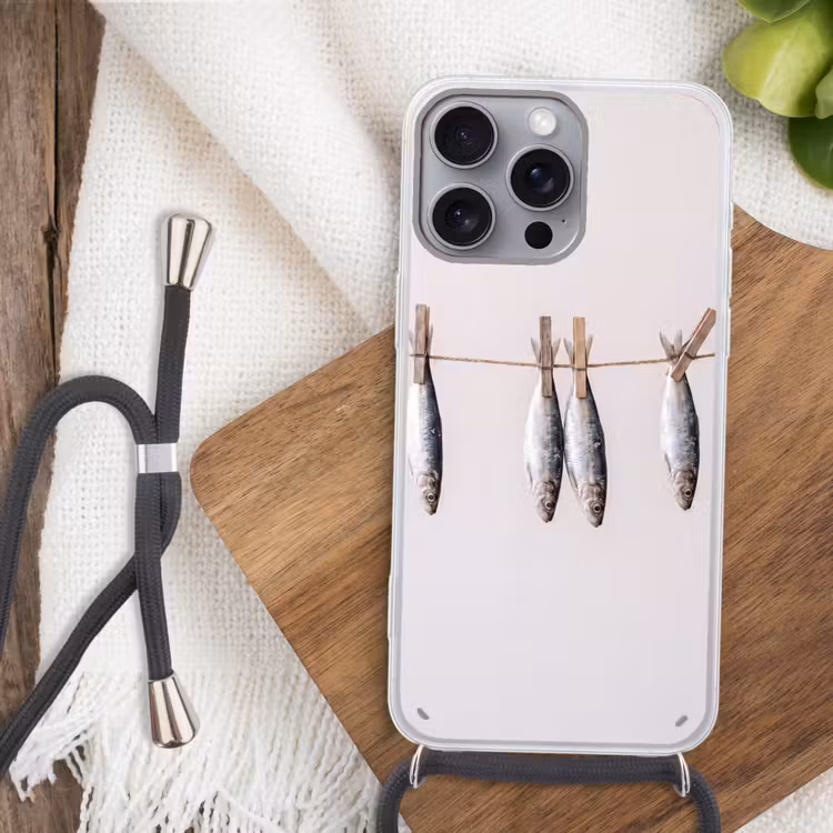Handyhülle mit Band - Fisch – Hängend – Essen - Vis - Hangend - Eten Hoesje iPhone 16 Pro Max met koord klein