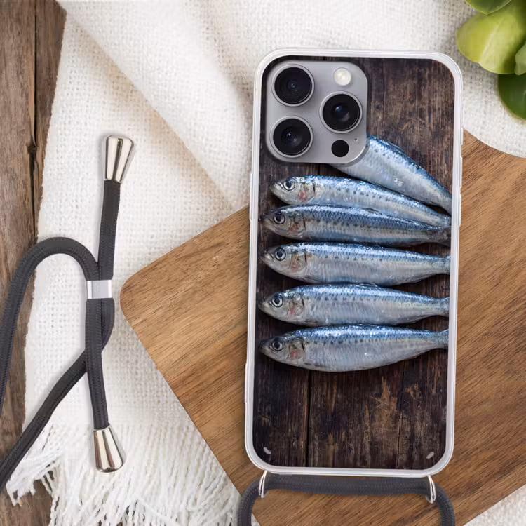 Handyhülle mit Band - Fisch – Holz – Essen - Vis - Hout - Eten Hoesje iPhone 16 Pro Max met koord klein