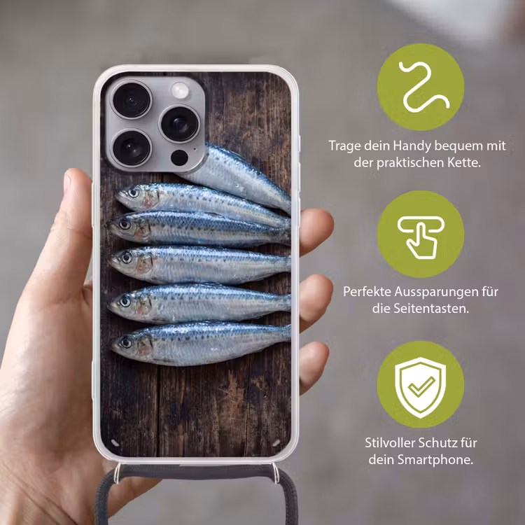 Handyhülle mit Band - Fisch – Holz – Essen - Vis - Hout - Eten Hoesje iPhone 16 Pro Max met koord klein