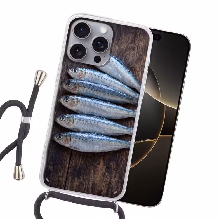 Handyhülle mit Band - Fisch – Holz – Essen - Vis - Hout - Eten Hoesje iPhone 16 Pro Max met koord klein