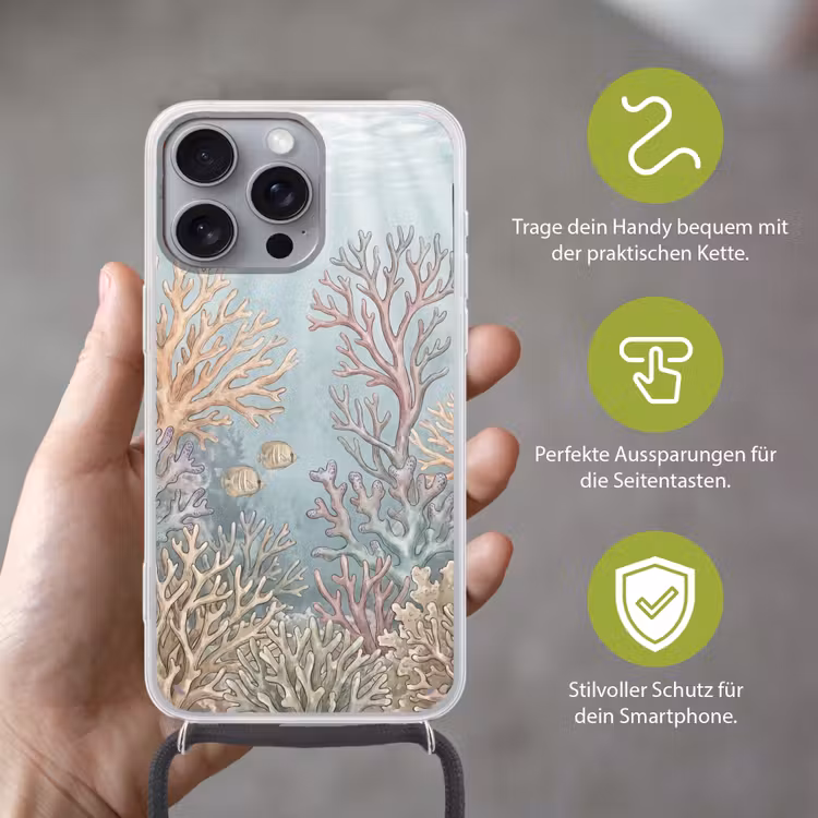 Vis - Koraal - Oceaan - Illustratie - Onderwater Hoesje iPhone 16 Pro Max met koord klein -sfeer2_DE