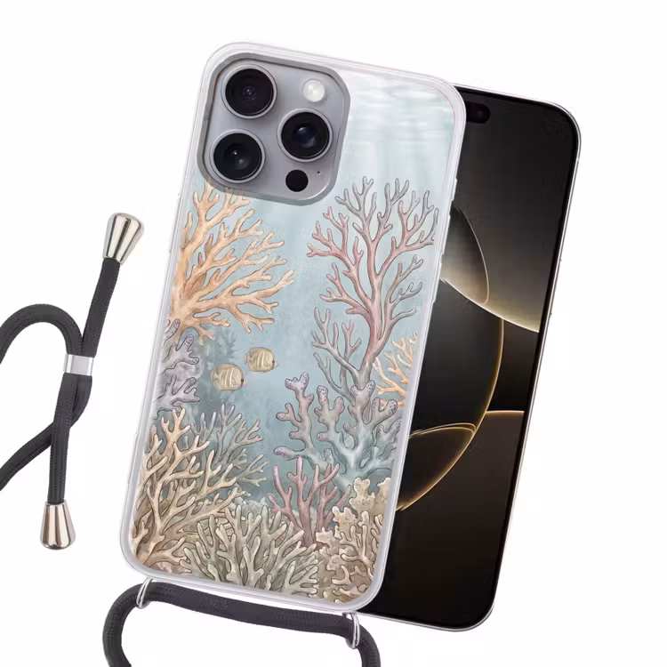 Vis - Koraal - Oceaan - Illustratie - Onderwater Hoesje iPhone 16 Pro Max met koord klein -sfeer1