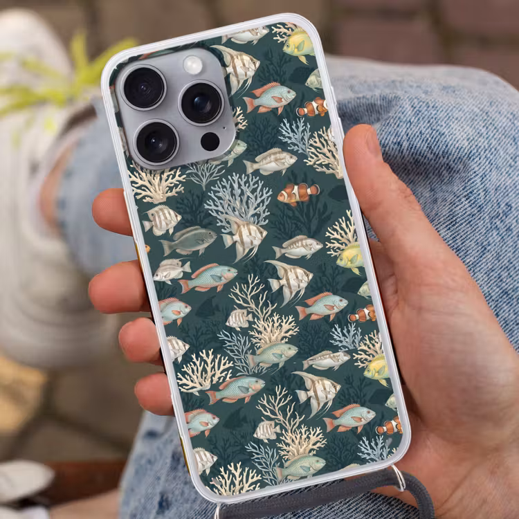 Vis - Koraal - Onderwater - Illustratie Hoesje iPhone 16 Pro Max met koord klein -sfeer3