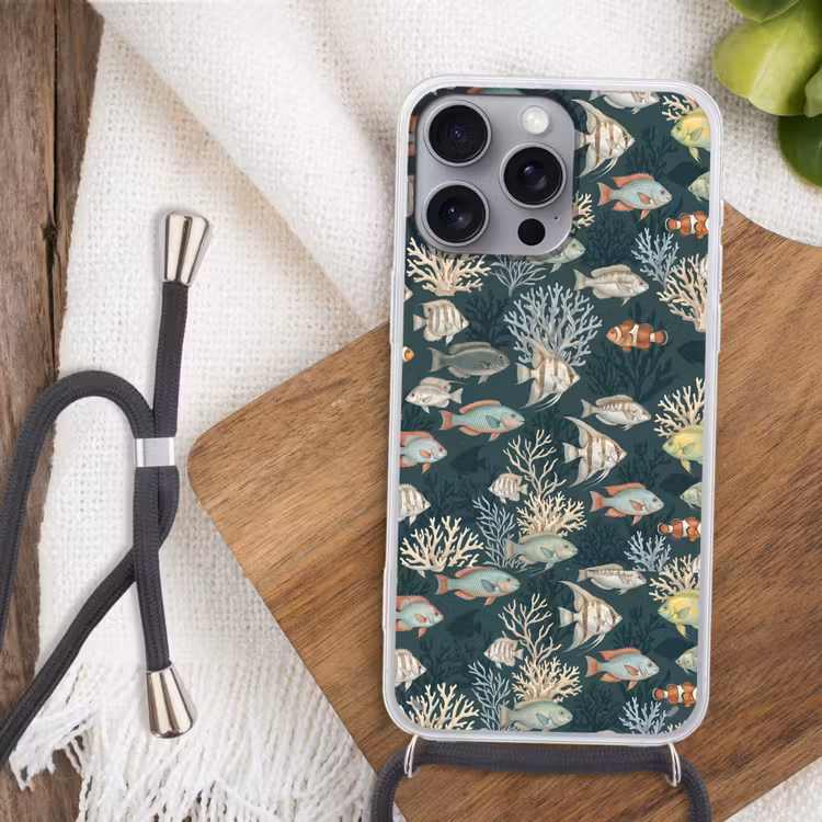Vis - Koraal - Onderwater - Illustratie Hoesje iPhone 16 Pro Max met koord klein -sfeer4
